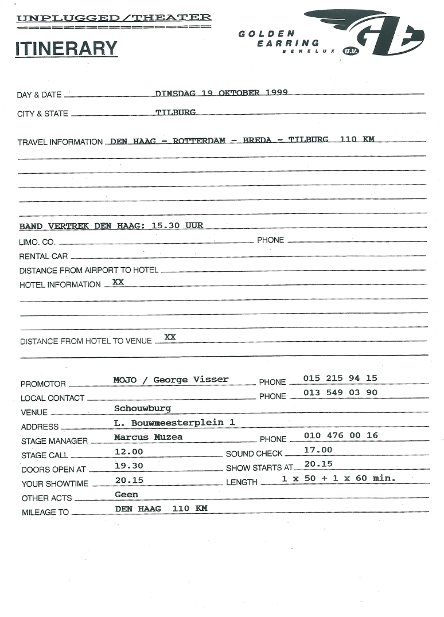 Golden Earring show itinerary October 19, 1999 Tilburg - Stadsschouwburg